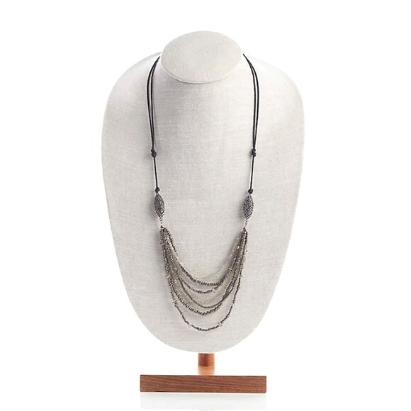 J. Jill Layered Necklace Art Deco Silver Tone Hematite Bead Pavé Adjustable Cord - Picture 5 of 15